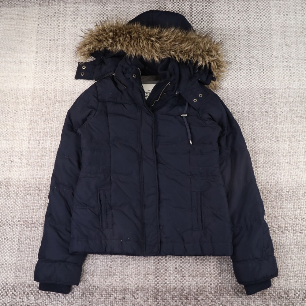Abercrombie & Fitch Navy Blue Down Puffer Jacket Faux Fur Hood Large